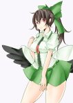 1girl bangs bird_wings black_wings bow breasts cape center_frills closed_mouth collared_shirt frills green_bow green_skirt hair_bow highres jyaoh0731 large_breasts long_hair looking_at_viewer one-hour_drawing_challenge ponytail red_eyes reiuji_utsuho shirt simple_background skirt smile solo standing third_eye touhou white_background white_cape white_shirt wings 