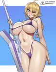  1girl ahoge artist_logo bangs bikini blazblue blonde_hair blue_bikini blue_eyes braid braided_ponytail breasts donburi_(donburikazoku) es_(xblaze) fanbox_username highres holding holding_sword holding_weapon large_breasts logo looking_to_the_side navel one_eye_closed open_mouth patreon_username planted planted_sword solo stomach swimsuit sword thick_thighs thighs weapon wide_hips xblaze 
