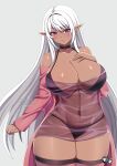  1girl bare_shoulders belt_collar breasts cleavage closed_mouth collar commission dark-skinned_female dark_elf dark_skin elf grey_background highres jadenkaiba large_breasts light_smile long_sleeves looking_at_viewer navel original pointy_ears purple_eyes see-through sidelocks simple_background smile solo thick_thighs thighhighs thighs white_hair 