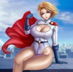  1girl arm_support bangs belt blonde_hair blue_eyes blue_sky breasts building cape cleavage cleavage_cutout clenched_hand clothing_cutout cloud cloudy_sky commentary covered_collarbone crossed_legs day dc_comics elbow_gloves flowerxl gloves hand_up head_tilt highleg highleg_leotard large_breasts leotard light_smile lips long_sleeves looking_at_viewer outdoors power_girl red_cape shiny shiny_hair shiny_skin short_hair simple_background sitting sky solo superman_(series) thighs turtleneck white_leotard 