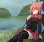  1girl ahoge bangs black_shirt black_thighhighs blue_bow bow cloak closed_mouth hair_bow jyaoh0731 lake long_sleeves looking_at_viewer outdoors red_eyes red_hair red_skirt sekibanki shirt sitting skirt smile solo thighhighs touhou 