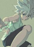  1boy bangs blank_eyes blue_eyes electricity enoki_(gongindon) expressionless fighting_stance highres hunter_x_hunter killua_zoldyck looking_at_viewer male_child male_focus short_hair shorts simple_background solo spiked_hair tank_top white_hair 