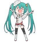  &gt;_&lt; absurdres akari_ga_yatte_kitazo_(vocaloid) arms_up belt blue_hair braid chibi collar fang full_body goodsmile_racing gyari_(imagesdawn)_(style) hair_ornament happy hat hatsune_miku highres necktie open_mouth outstretched_arms parody racing_miku racing_miku_(2023) rennkurusu simple_background skirt style_parody thighhighs twintails vocaloid white_background 