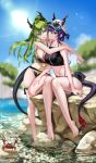  2girls absurdres arknights bangs bare_legs barefoot baseball_cap bikini black_bikini blurry bottle ch&#039;en_(arknights) closed_mouth crab day depth_of_field dragon_horns dragon_tail eyewear_on_headwear full_body green_hair hair_between_eyes halterneck hand_on_another&#039;s_thigh hat highres holding holding_bottle horns horns_through_headwear lens_flare long_hair micro_shorts multiple_girls navel original outdoors ponytail pouring_onto_another purple_hair red_eyes ringeko-chan shorts sitting sitting_on_rock standing stomach sunglasses swimsuit tail thigh_strap water 