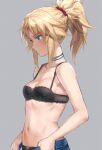  1girl bangs bare_shoulders black_bra black_panties blonde_hair blush bra braid breasts collarbone fate/apocrypha fate_(series) french_braid green_eyes hair_ornament hair_scrunchie highres long_hair mordred_(fate) mordred_(fate/apocrypha) navel panties parted_bangs ponytail red_scrunchie scrunchie sidelocks small_breasts solo tonee underwear 