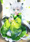  1girl absurdres ahoge animal_ears bangs blue_eyes braid cup falling_leaves fox_ears fox_girl fox_tail frilled_kimono frills full_body green_kimono green_tea grey_background highres holding holding_cup hololive japanese_clothes kimono leaf long_hair looking_at_viewer obi open_mouth sash seiza shigureszku shirakami_fubuki simple_background sitting smile solo tail tea thighhighs virtual_youtuber white_hair white_thighhighs wide_sleeves wooden_floor 