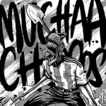  1boy 2022_fifa_world_cup argentina belt chainsaw_man denji_(chainsaw_man) german_eberhardt highres open_mouth pants parody sharp_teeth shovel solo spanish_commentary spanish_text teeth tongue tongue_out twitter_username world_cup 