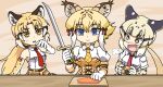  3girls =3 animal_ear_fluff animal_ears arm_at_side bangs bare_shoulders blonde_hair blush bow camera carrot chibi closed_mouth clouded_leopard_(kemono_friends) collared_shirt commentary_request corset cutting_board elbow_gloves empty_eyes excited extra_ears food gloves hair_between_eyes hair_bow hand_up holding holding_camera holding_sword holding_weapon kemono_friends long_hair looking_at_another looking_at_object low_ponytail medium_hair multicolored_hair multiple_girls necktie nervous nose_blush open_mouth plaid_necktie puffy_short_sleeves puffy_sleeves raised_eyebrow ringed_eyes saber_(weapon) shirt short_sleeves sleeveless sleeveless_shirt smile smilodon_(kemono_friends) srd_(srdsrd01) sweatdrop sword upper_body vegetable very_long_hair weapon white_hair white_shirt wide-eyed wing_collar yellow_eyes 