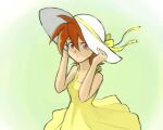  1girl arm_behind_back arms_up bakuten_shoot_beyblade beyblade bow dress hair_bow hat hat_ribbon kkankodori looking_at_viewer medium_hair open_mouth red_eyes ribbon simple_background sleeveless sleeveless_dress tachibana_hiromi twitter_username yellow_dress 