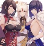  3girls armpits bangs bare_shoulders beidou_(genshin_impact) black_gloves black_hair blue_hair bob_cut breasts china_dress chinese_clothes cleavage colored_eyepatch diagonal_bangs dress elbow_gloves eyepatch feather_collar fingerless_gloves folding_fan fur-trimmed_jacket fur_collar fur_trim genshin_impact gloves green_eyes hair_ornament hair_stick hairpin hand_fan hand_on_hip highres jacket jacket_on_shoulders looking_at_viewer mature_female medium_breasts multiple_girls ningguang_(genshin_impact) one_eye_covered parted_lips pnatsu red_eyes short_hair simple_background smile upper_body white_background white_gloves white_hair yelan_(genshin_impact) yellow_eyes 