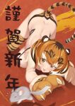  1girl :3 absurdres all_fours animal_ears animal_hands bangs bikini blush bodypaint breast_rest breasts brown_hair chinese_zodiac closed_mouth facial_mark flying_sweatdrops gloves happy_new_year highres large_breasts motion_blur mouse multicolored_hair orange_thighhighs original parutoneru paw_gloves short_hair solo swimsuit tail thighhighs tiger_ears tiger_girl tiger_tail tongue tongue_out top-down_bottom-up whisker_markings year_of_the_tiger yellow_eyes 