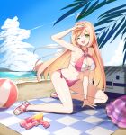  1girl ;d ahoge arm_up armpits ball bare_arms bare_legs bare_shoulders beach beach_mat beachball bikini blonde_hair breasts cleavage closers collarbone criss-cross_halter feet green_eyes halterneck highres kneeling large_breasts legs long_hair looking_at_viewer navel official_art one_eye_closed open_mouth outdoors pink_bikini sandals shading_eyes side-tie_bikini_bottom smile solo soma_(closers) stomach swimsuit thighs toes two-tone_bikini very_long_hair water_gun white_bikini 