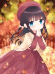  1girl absurdres autumn autumn_leaves bangs beret black_hair blue_eyes blunt_bangs blurry blurry_background blush bokeh bow braid capelet depth_of_field dress falling_leaves frilled_sleeves frills hair_bow hat highres leaf long_hair long_sleeves maple_leaf nekomura_yuyuko original own_hands_together parted_lips sailor_collar solo tree 
