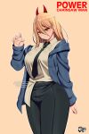  1girl black_pants blonde_hair blue_jacket breasts chainsaw_man character_name claw_pose copyright_name cowboy_shot grin highres horns jacket jadenkaiba large_breasts necktie pants power_(chainsaw_man) red_horns shirt simple_background smile solo standing 