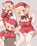  1girl aki_minoriko arinu blonde_hair blush box breasts cleavage closed_mouth fruit_hat_ornament gift gift_box grape_hat_ornament grey_background grin hair_between_eyes hat hat_ornament highres holding holding_sack large_breasts multiple_views open_mouth red_eyes red_headwear sack santa_costume short_hair simple_background smile touhou 