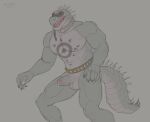  aduran anthro balls belt bodily_fluids claws crocodile crocodilian crocodylid daylon_(dislyte) dislyte fangs foreskin genital_fluids genitals hi_res male mask muscular muscular_male nude open_mouth penis precum red_eyes reptile scalie solo spikes tattoo thick_tail 