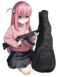  1girl absurdres artist_name assault_rifle black_skirt blue_eyes bocchi_the_rock! breasts cube_hair_ornament gigbag gotou_hitori gun hair_ornament hair_over_eyes highres holding holding_gun holding_weapon jacket kalashnikov_rifle loafers long_hair looking_at_viewer meme pink_hair pink_jacket pink_track_suit pleated_skirt rifle scene_reference shaded_face shoes sidelocks skirt sobbi11 solo squatting track_jacket track_suit trigger_discipline weapon white_background 