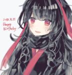  1girl 2018 azami_(kagerou_project) bangs black_dress black_hair black_scarf blurry commentary curly_hair dated dress hair_ribbon happy_birthday japanese_clothes kagerou_project long_hair looking_at_viewer muuta04 open_mouth red_eyes red_ribbon ribbon scales scarf simple_background smile solo upper_body white_background 