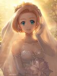  1girl bare_shoulders bianca_(dq5) blonde_hair blue_eyes blurry blurry_background bridal_gauntlets bridal_veil collarbone dragon_quest dragon_quest_v dress earrings elbow_gloves flower gloves hair_flower hair_ornament hand_up highres jewelry kyoujixxx lips long_hair looking_at_viewer parted_lips sleeveless sleeveless_dress solo sunlight teeth upper_body veil wedding_dress white_dress white_flower white_gloves 