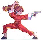  1girl arm_up black_footwear braid breasts brown_eyes brown_hair chinese_clothes commentary_request doomsdaily333 double_bun finger_on_trigger full_body gun hair_bun handgun highres holding holding_gun holding_weapon jacket long_hair long_sleeves medium_breasts open_mouth original pants profile red_jacket red_pants shoes simple_background solo standing teeth twin_braids twintails upper_teeth_only weapon weapon_request white_background wide_sleeves 