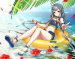  1girl bare_legs bare_shoulders blue_choker blue_shorts choker closers crop_top crop_top_overhang denim denim_shorts feet flower grey_hair hair_ribbon halterneck hibiscus highres innertube legs long_hair looking_at_viewer low_twintails nail_polish navel official_art open_fly orange_eyes parted_lips reclining ribbon sandals short_shorts shorts sleeveless slippers solo stomach strap_slip thighs tina_(closers) toenail_polish toenails toes twintails v very_long_hair water wet wristband 