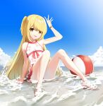  1girl arm_up armpits ball bare_arms bare_legs bare_shoulders beach beachball blonde_hair closed_mouth closers collarbone convenient_leg day dress feet highres knees_up legs long_hair looking_at_viewer lucy_(closers) official_art one_side_up outdoors sandals short_dress sitting sleeveless sleeveless_dress smile solo sunlight toes tongue tongue_out very_long_hair water white_dress wristband yellow_eyes 