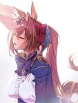  1girl 1other animal_ears bangs blue_bow blue_bowtie blue_jacket bow bowtie breasts brown_hair buttons center_frills closed_eyes collared_jacket daiwa_scarlet_(umamusume) epaulettes fang frills hair_intakes highres horse_ears horse_girl horse_tail jacket large_breasts lips long_sleeves nazo_kitsune open_mouth shirt solo_focus tail tiara twintails umamusume upper_body white_shirt 