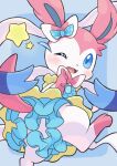  2021 blue_clothing blue_dress blue_eyes blush bow_accessory clothed clothing cute_fangs dress eeveelution featureless_crotch female fur generation_6_pokemon hi_res holowear_(pokemon) nintendo no_underwear one_eye_closed open_mouth pink_body pink_fur pink_tail pokemon pokemon_(species) pokemon_unite raised_leg solo sylveon upskirt video_games wadorigi white_body white_fur 