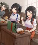  3girls absurdres akagi_(kancolle) anbutter_siruko black_hair blush brown_eyes closed_mouth dark_green_hair drooling eating green_eyes hair_between_eyes hair_ribbon highres kaga_(kancolle) kantai_collection long_hair mouth_drool multiple_girls open_mouth ribbon side_ponytail twintails white_ribbon zuikaku_(kancolle) 