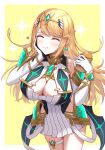  1girl absurdres bangs bare_shoulders blonde_hair blush breasts chest_jewel chewing cleavage cleavage_cutout closed_eyes clothing_cutout dress eating elbow_gloves food gloves headpiece highres jewelry large_breasts long_hair mythra_(xenoblade) short_dress smile solo swept_bangs taro_(peach_taro51) thigh_strap tiara very_long_hair white_dress xenoblade_chronicles_(series) xenoblade_chronicles_2 