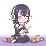  1girl animal_hood black_hair can canned_food chopsticks eating elbow_gloves gloves highres hood humboldt_penguin_(kemono_friends) kemono_friends kemono_friends_v_project kneehighs mabuta_(mbt) microphone multicolored_hair penguin_girl penguin_hood penguin_tail purple_hair shirt shoes short_hair simple_background skirt sleeveless sleeveless_shirt socks solo tail virtual_youtuber zipper 