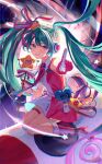  1girl absurdres bangs blue_hair blush boots collared_dress curly_hair dress gloves grin hair_ornament hair_ribbon hatsune_miku high_heel_boots high_heels highres holding holding_wand knee_boots long_hair magical_mirai_(vocaloid) magical_mirai_miku magical_mirai_miku_(2022) multicolored_hair necktie nemari_(user_wtca7244) pink_hair pointing pointing_at_viewer purple_eyes ribbon sitting sleeveless sleeveless_dress smile solo star_(symbol) star_hair_ornament star_wand thigh_strap twintails two-tone_hair very_long_hair vocaloid wand wariza 