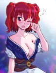  1girl absurdres bare_shoulders blush breasts cleavage collarbone commentary english_commentary hair_bobbles hair_ornament highres large_breasts one_eye_closed onozuka_komachi open_mouth red_eyes red_hair short_hair solo touhou twintails zawabug 