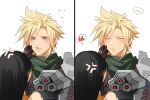  1boy 1girl angry armor black_hair blonde_hair blue_eyes blush brown_gloves cheek_pinching cloud_strife crisis_core_final_fantasy_vii duoj_ji ear_blush english_commentary final_fantasy final_fantasy_vii gloves green_scarf height_difference helmet highres holding holding_helmet long_hair looking_at_another pinching scarf shinra_infantry_uniform shoulder_armor speech_bubble spiked_hair tifa_lockhart underwear upper_body white_background 