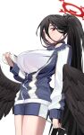  1girl absurdres black_choker black_hair black_wings blue_archive blue_jacket blue_shorts blush breasts choker closed_mouth commentary cowboy_shot doufu_(pixiv9093484) hair_between_eyes halo hasumi_(blue_archive) hasumi_(gym_uniform)_(blue_archive) highres holding holding_notepad holding_pencil jacket large_breasts long_hair looking_at_viewer low_wings mole mole_under_eye nervous_smile notepad official_alternate_costume partially_unzipped pencil perky_breasts ponytail red_eyes shirt short_shorts shorts simple_background smile solo standing sweatdrop tented_shirt track_jacket very_long_hair white_background white_shirt wings 