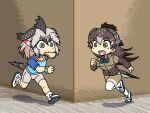  2girls alternate_design bangs bike_shorts bird_girl bird_tail bird_wings bow bowtie bread brown_hair chibi clothes_writing commentary_request dual_persona food food_in_mouth full_body greater_roadrunner_(kemono_friends) green_eyes grey_hair grey_shorts hair_ornament hair_tubes hairclip head_wings kemono_friends late_for_school long_hair long_sleeves looking_afar medium_hair mouth_hold multicolored_hair multiple_girls open_mouth pantyhose running shirt shoes short_sleeves shorts srd_(srdsrd01) t-shirt tail toast toast_in_mouth white_pantyhose wings 