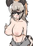  1girl akaisuto animal_ears arm_behind_back bangs black_eyes black_hair blush breasts bright_pupils brown_hair collarbone extra_ears grey_hair hand_on_own_chest hand_up highleg highleg_panties highres huge_breasts hyena_ears hyena_girl hyena_tail kemono_friends long_hair looking_at_viewer multicolored_hair navel nipples panties panty_straps parted_bangs parted_lips shorts sidelocks simple_background sketch smile solo spotted_hyena_(kemono_friends) stomach sweat tail topless underwear white_background white_pupils 