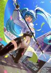  1girl :d absurdres arm_up asymmetrical_bodysuit bangs blue_hair blush bodysuit character_name confetti covered_navel cropped_jacket day finish_line flag gloves goodsmile_racing hatsune_miku high_collar highres holding holding_flag kneeling long_hair long_sleeves nemari_(user_wtca7244) on_ground open_mouth outdoors pavement racing_miku racing_miku_(2022) single_thighhigh sky smile solo thighhighs twintails very_long_hair vocaloid wind 