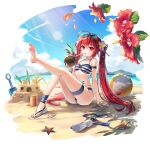  1girl ahoge arm_strap arm_support ass ball bare_legs bare_shoulders barefoot beach beachball bikini blue_bikini bright_pupils closers coconut drinking_straw eyewear_on_head feet flower hair_flower hair_ornament halterneck heart heart-shaped_eyewear hibiscus highres holding knees_up leg_ribbon leg_up legs long_hair looking_at_viewer multi-strapped_bikini nail_polish official_art parted_lips red_eyes red_hair ribbon sand_castle sand_sculpture sandals seth_(closers) sitting solo spaghetti_strap stomach string_bikini striped striped_bikini sunglasses swimsuit thighs toenail_polish toenails toes twintails very_long_hair wet 