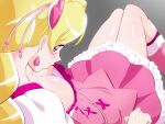  1girl blonde_hair breasts cure_peach downblouse earrings fresh_precure! frilled_skirt frills fuchi_(nightmare) hair_ornament heart heart_earrings heart_hair_ornament jewelry large_breasts long_hair looking_at_viewer looking_back magical_girl momozono_love pink_eyes pink_skirt precure skirt smile solo twintails 