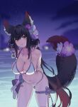  1girl absurdres animal_ears arms_behind_back bikini black_hair blue_archive breasts cleavage commentary cowboy_shot doufu_(pixiv9093484) flower fox_ears fox_girl fox_tail gradient_hair hair_flower hair_ornament highres large_breasts leaning_forward long_hair looking_at_viewer multicolored_hair navel night ocean official_alternate_costume outdoors parted_lips red_hair smile solo stomach string_bikini swimsuit tail thigh_strap thighs two-tone_hair very_long_hair wading wakamo_(blue_archive) wakamo_(swimsuit)_(blue_archive) white_bikini yellow_eyes 