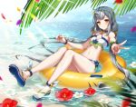  1girl bare_legs bare_shoulders bikini blue_choker breasts choker cleavage closed_mouth closers feet flower frilled_bikini frills grey_hair hair_ribbon halterneck hibiscus highres innertube legs long_hair looking_at_viewer low_twintails nail_polish navel official_art orange_eyes reclining ribbon sandals slippers small_breasts solo stomach swimsuit thighs tina_(closers) toenail_polish toenails toes twintails v very_long_hair water wet white_bikini wristband 