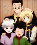  4boys black_hair blonde_hair blue_eyes closed_eyes glasses gon_freecss green_eyes hand_on_another&#039;s_shoulder hands_on_another&#039;s_head hunter_x_hunter killua_zoldyck kurapika laurapaladiknight leorio_paladiknight long_sleeves looking_at_viewer male_child male_focus merry_christmas multiple_boys necktie short_hair smile spiked_hair teeth upper_teeth_only white_hair 