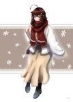  1girl absurdres ahoge alternate_costume alternate_hairstyle black_footwear blue_eyes boots brown_hair full_body hair_flaps hair_ornament highres jacket kantai_collection long_hair long_skirt long_sleeves red_scarf scarf shigure_(kancolle) shigure_kai_ni_(kancolle) skirt solo tsui_(kojiya) white_jacket yellow_skirt 