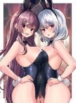  2girls absurdres animal_ears bare_legs black_bow black_bowtie black_hair black_leotard bow bowtie breast_press breasts brown_eyes cowboy_shot detached_collar hands_on_hips highres kuro-ko large_breasts leotard long_hair multiple_girls original playboy_bunny rabbit_ears rabbit_tail red_eyes short_hair strapless strapless_leotard symmetrical_docking tail white_hair wrist_cuffs 