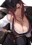  1girl bare_shoulders black_gloves black_headwear black_jacket black_pants blue_hair bracelet breasts brown_hair cleavage earrings frills gloves hair_behind_ear hair_over_one_eye hat highres jacket jacket_on_shoulders jewelry large_breasts leaning_forward mole mole_under_eye original pants pirate_hat shirt single_sidelock smile takagi_mitsukuni white_shirt 