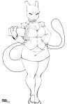  absurd_res anthro bottomwear breasts business_suit businesswear cleavage clothed clothing darkeros female frown generation_1_pokemon hi_res legendary_pokemon mew_tuely_(fan_character) mewtwo nintendo pokemon pokemon_(species) scarf skirt solo suit video_games 