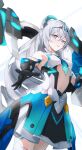  1girl absurdres bare_shoulders black_gloves breasts bronya_zaychik bronya_zaychik_(herrscher_of_truth) clothing_cutout cowboy_shot dress drill_hair gloves grey_eyes grey_hair hair_between_eyes headgear highres honkai_(series) honkai_impact_3rd long_hair looking_at_viewer ooo_wange open_mouth red_pupils simple_background small_breasts solo stomach_cutout white_background 