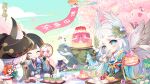  1boy 4girls chibi food fruit highres japanese_clothes multiple_girls official_art onmyoji outdoors paper_doll strawberry 