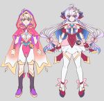  1boy 1girl ahoge axia-chan blonde_hair blue_eyes character_request crescent fingerless_gloves gloves grey_hair hair_ornament highres hood hoodie long_hair magical_girl medium_hair red_gloves red_hoodie senki_zesshou_symphogear star_(symbol) star_hair_ornament thighhighs twintails white_thighhighs yukine_chris 